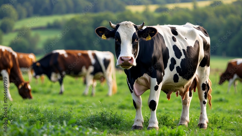Curious black and white cow in green pasture Curious black and white cow in green pasture
