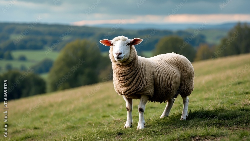 Curious sheep alone on a scenic grassy hill Curious sheep alone on a scenic grassy hill