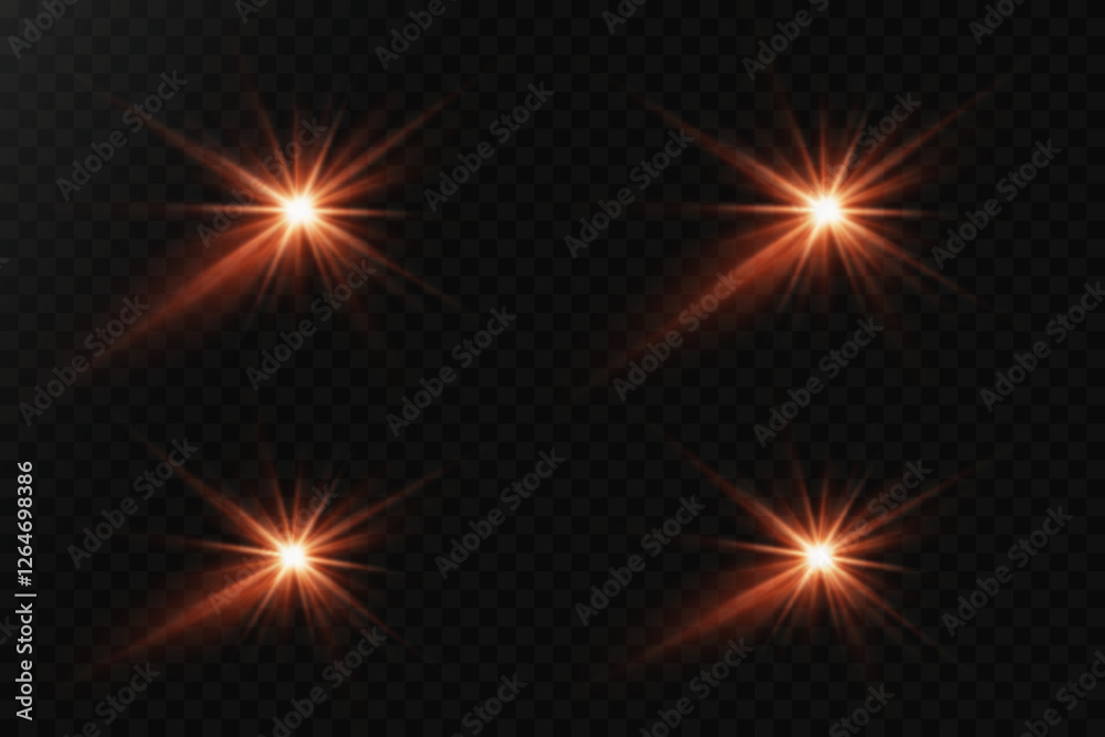Fototapeta premium Set of glowing flares and lens. Light flash of a star and explosion of light.