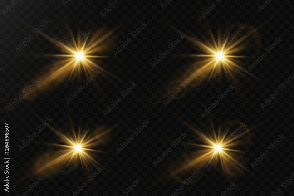 Shining golden light effects. Stars with glare and flare. On a transparent background. Shining golden light effects. Stars with glare and flare. On a transparent background.