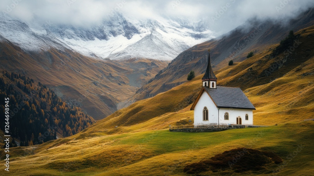 Davos Alpine Panorama: Hiking Pass with Chalet Buildings and Christmas Church Davos Alpine Panorama: Hiking Pass with Chalet Buildings and Christmas Church