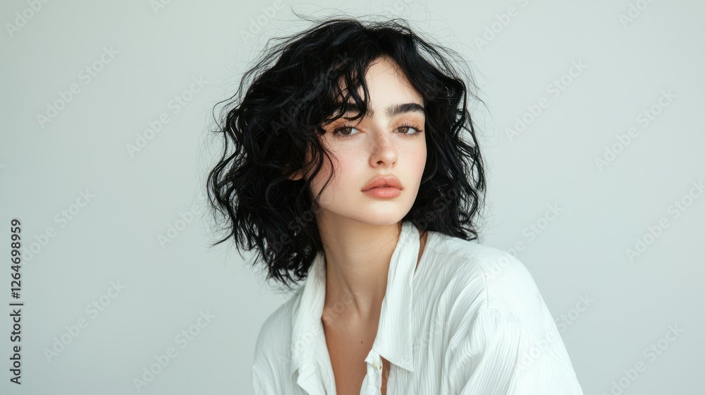 A woman with black hair styled into soft curls posing in a white outfit. A woman with black hair styled into soft curls posing in a white outfit.