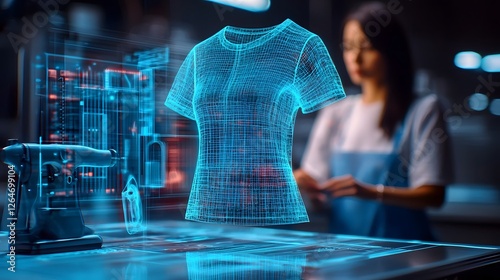 Holographic sewing patterns and digital fashion design tools floating in front of a focused professional fashion designer in a modern high tech studio environment
