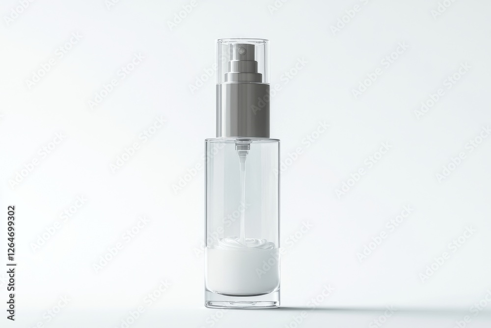 Clear glass bottle with pump dispenser containing a white cosmetic serum, set against a bright background. An elegant design for beauty and skincare product.