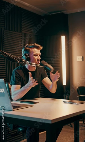 Podcast host recording in studio, microphone and headphones for broadcast, content creation and audio production. Professional setup, soundproof room for digital media, entertainment