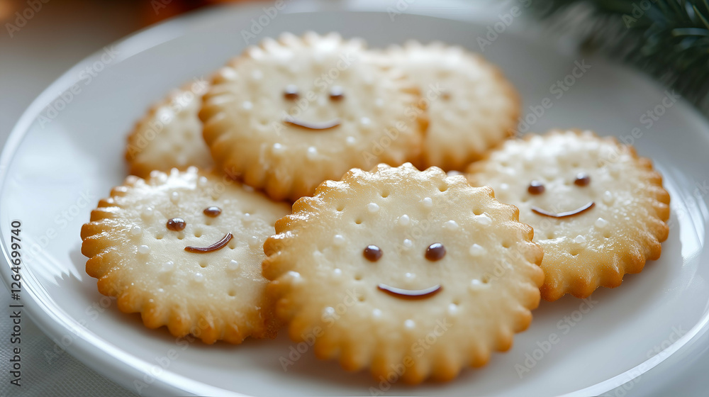 Smiling crackers decorated with chocolate and icing, arranged on a white plate for a festive and cheerful snack. Smiling crackers decorated with chocolate and icing, arranged on a white plate for a festive and cheerful snack.