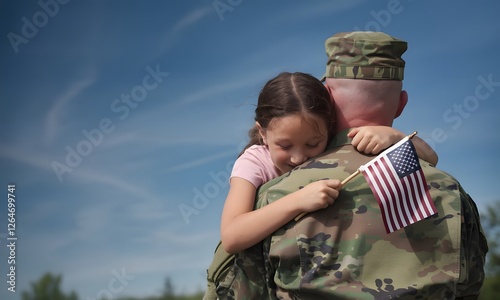 Proud soldier hugs daughter goodbye on deployment.