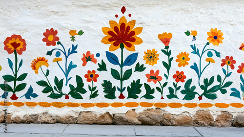 Colorful floral mural on a white wall with vibrant folk art design, featuring red, yellow, and blue flowers in a decorative pattern.