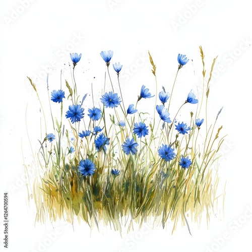 Watercolor painting of a meadow with small blue cornflowers scattered among the grass, on isolated white background
