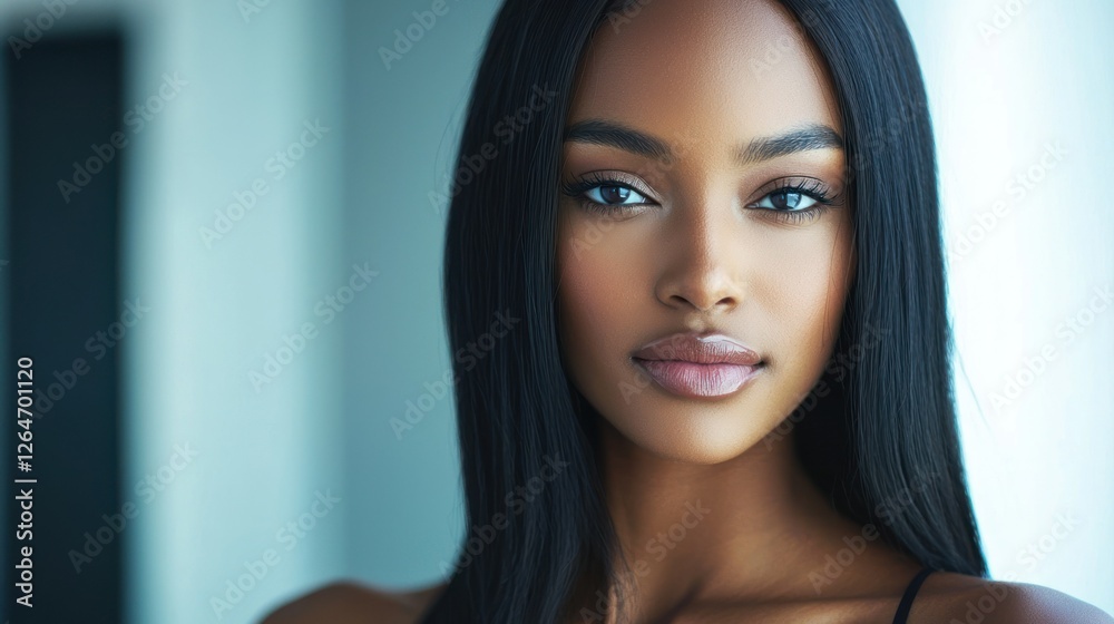 A confident woman with sleek black hair posing in natural light. A confident woman with sleek black hair posing in natural light.