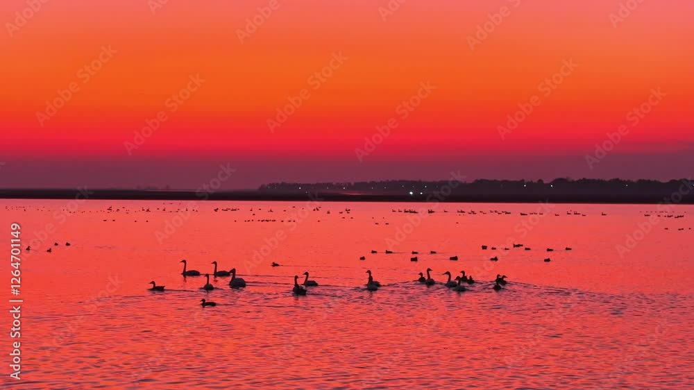 A flock of migratory birds, sunset, egrets A flock of migratory birds, sunset, egrets