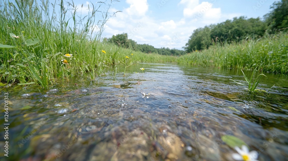 Fototapeta premium Clear water flows gently over a pebbled stream bed in a lush green meadow under a blue sky on a sunny summer day.