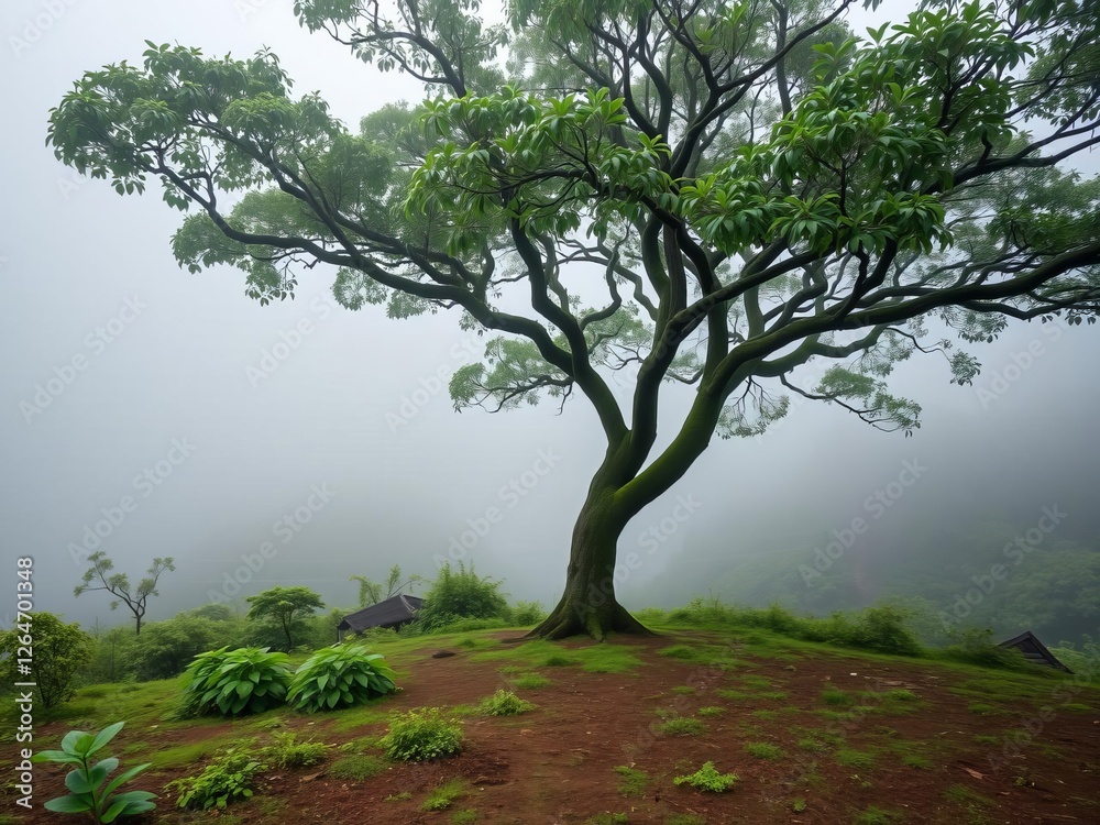 Obraz premium Lush tropical forest in Japan with dense green trees engulfed in fog, creating a serene atmosphere for zen therapy, spa, yoga, and relaxation, spa, freedom, green tree