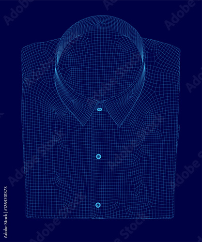 A blue shirt with a button down collar and a button on the front. The shirt is folded and has a pattern on it