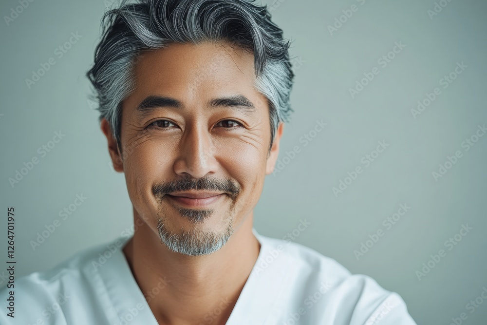 Obraz premium A middle aged Asian man, dressed in work attire, poses against a plain backdrop, reflecting both professionalism and a friendly, everyday style.