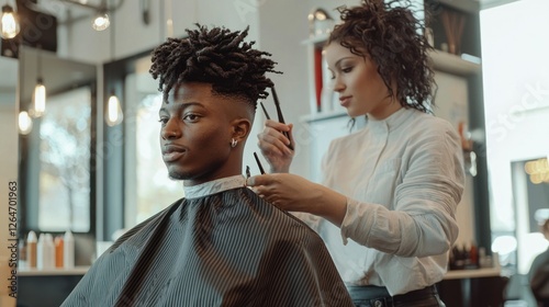 A stylist giving hair care advice to a client with black hair in a modern salon.
