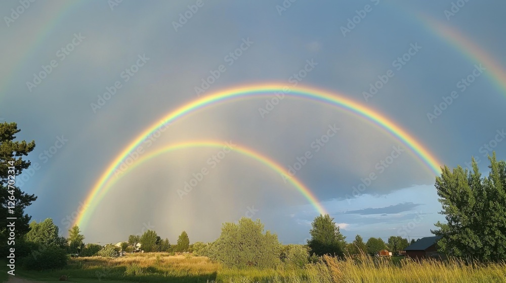 Double Rainbow. Stunning Colors of a Double Rainbow in the Blue Sky on a Beautiful Summer Day Double Rainbow. Stunning Colors of a Double Rainbow in the Blue Sky on a Beautiful Summer Day