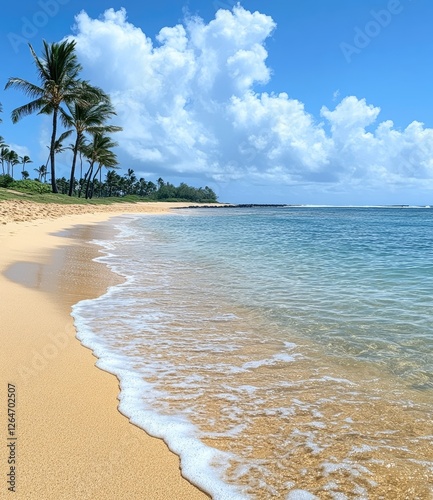 Tropical beach shoreline, waves, palm trees, clear blue sky.  Possible postcard