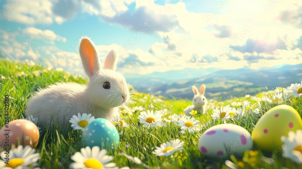 Fototapeta premium Gentle bunnies frolic in a lively meadow adorned with daisies and pastel-colored eggs. The sun-drenched landscape evokes the joy of Easter celebrations surrounded by distant hills