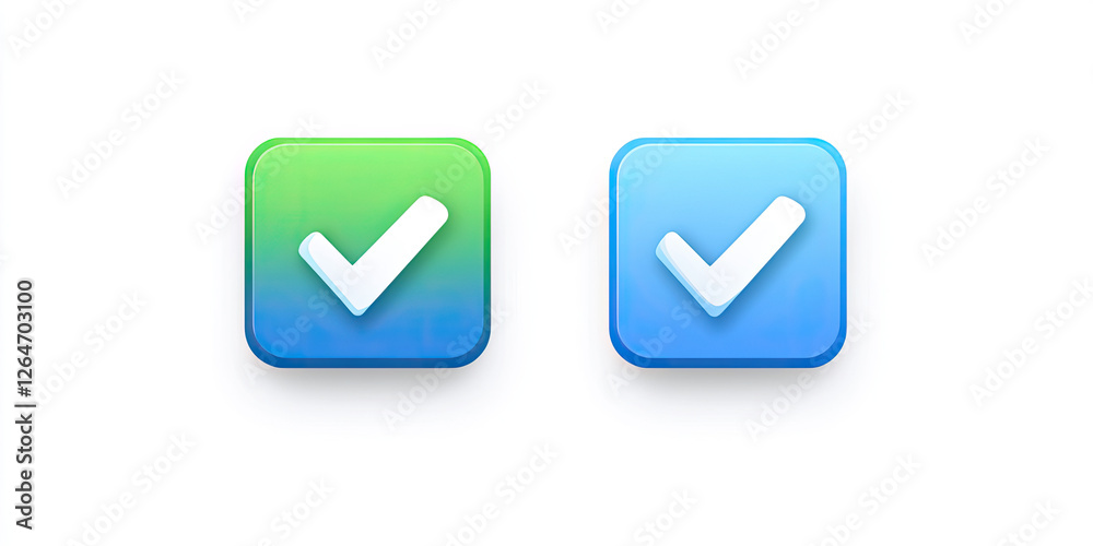 Two 3D Check Icons, Green & Blue, Isolated Two 3D Check Icons, Green & Blue, Isolated