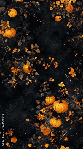 Autumn floral pattern featuring pumpkins and leaves in rich orange tones on a...