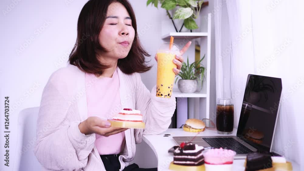 sugar addiction and unhealthy habits with Asian woman drinking bubble tea and soda, eating excessive sweet desserts