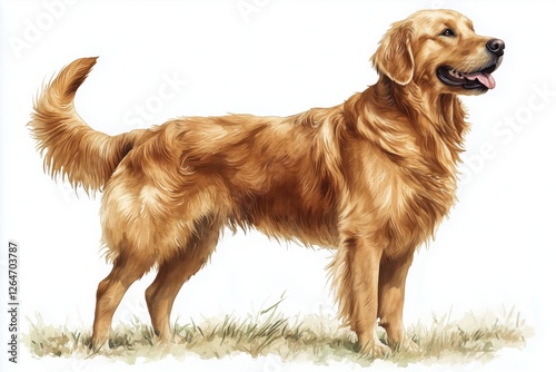 Golden retriever standing on green grass with a happy expression and a waggin...
