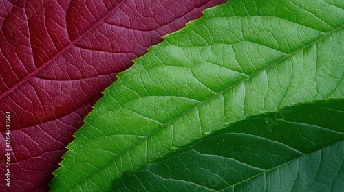 A close-up image of three leaves with varying shades of green and maroon. photo