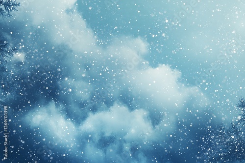 Frost-covered branches with falling snow create a serene winter atmosphere in...