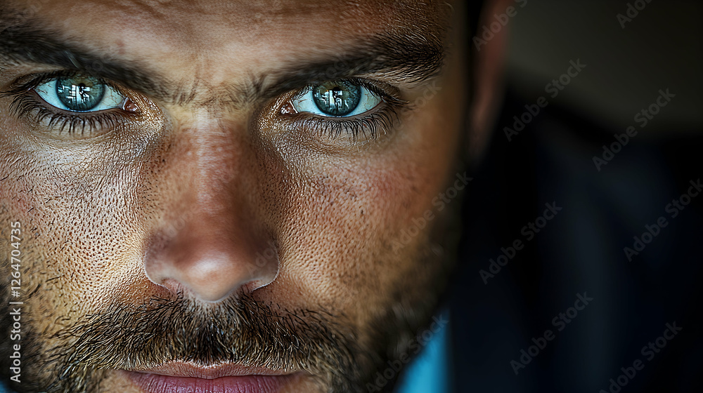 Obraz premium Close-up portrait man intense gaze, stubble, blue eyes