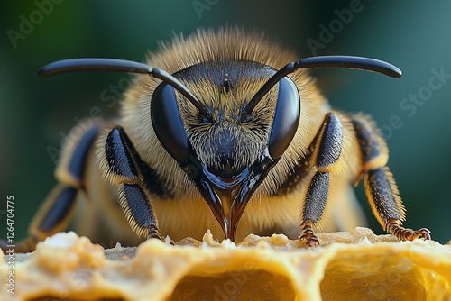 Close-up view of a bee feeding on honeycomb in a lush garden during the after...