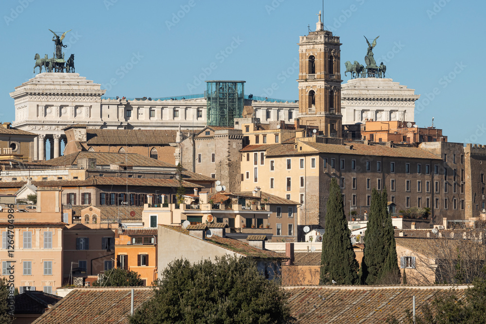 Rome classic buildings viewed from Orange Gardens. Aventino, Rome. Italy