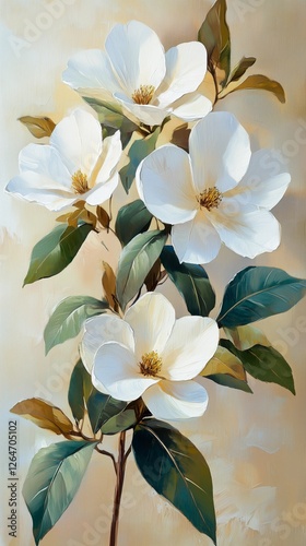 White magnolia flowers in bloom with green leaves on a soft background