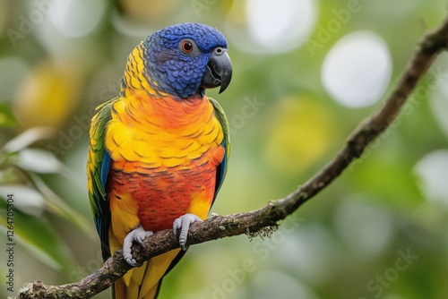 Colorful parrot perched on a tree branch in a tropical forest habitat