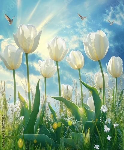 White Tulips in a Field under a Sunny Sky with Birds photo