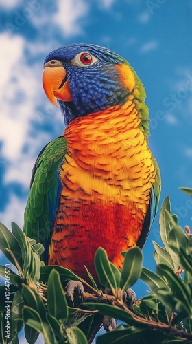 Brightly colored parrot perched on a branch against a clear blue sky