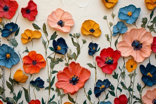 Bright and colorful artificial flowers arranged on a wall for decoration in a...