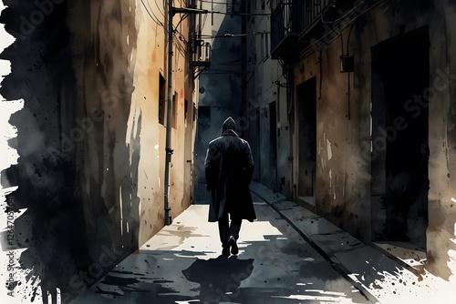 A dark shadowy figure lurking in an alleyway in watercolor style photo