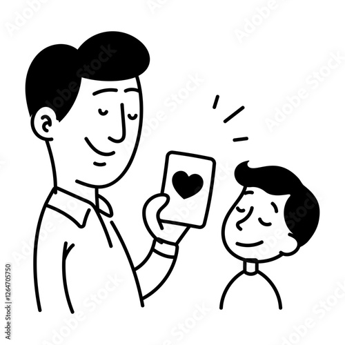 Child give greeting card to his father, doodle style icon  
