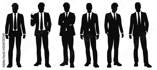 Businessman in a suit walking with one hand in his pocket. Vector silhouette set of businessmen in various poses, side profile view. Isolated on a white background. Professional and elegant design.