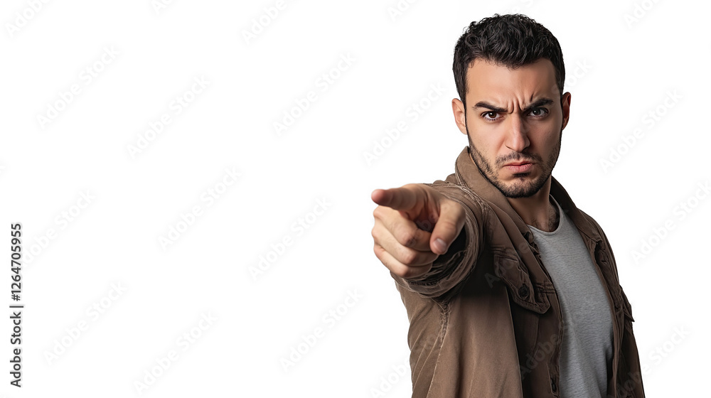 A confident man with a serious expression points at the camera isolated on a transparent background