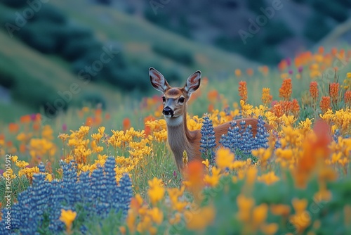 Young deer standing among vibrant orange and white wildflowers in a sunny meadow