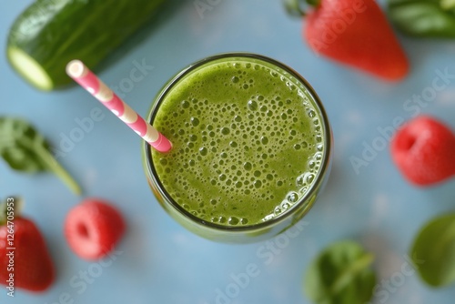 Refreshing green smoothie with strawberries and cucumber on a bright blue bac...