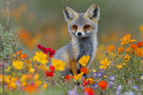 Fox standing among colorful wildflowers in a vibrant natural setting during s...