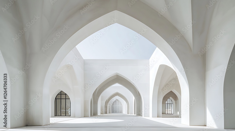 Fototapeta premium A modern office complex with minimalist white walls and Islamic-style pointed arches