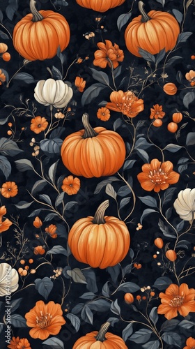 Autumn floral pattern featuring pumpkins and leaves in rich orange tones on a...