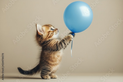 Cute kitten playing with a blue balloon in a playful indoor setting