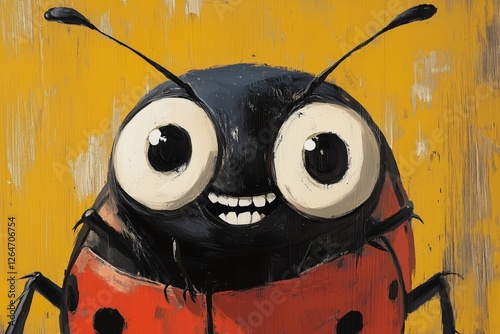 Colorful cartoon ladybug character with cheerful expression on bright yellow ...