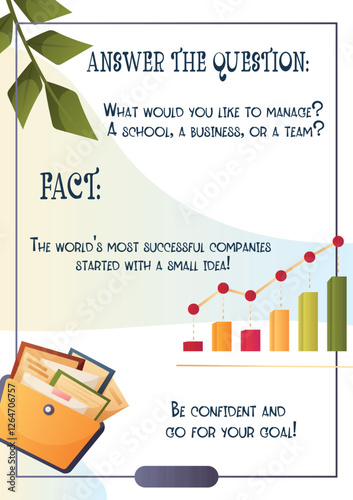 A vector flyer featuring a graph and documents, encouraging leadership and management skills. Includes a fact about successful companies starting from small ideas.  
