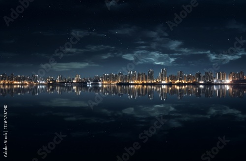 The calm river reflects the city’s glowing lights, set against a backdrop of mountains and cool evening hues. photo